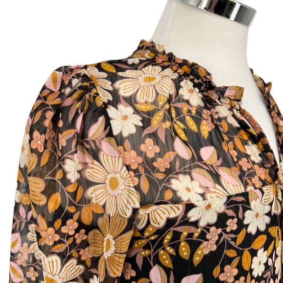 Monteau Floral Sheer Blouse With Metallic Details Half Sleeves Size Medium - Picture 4 of 10